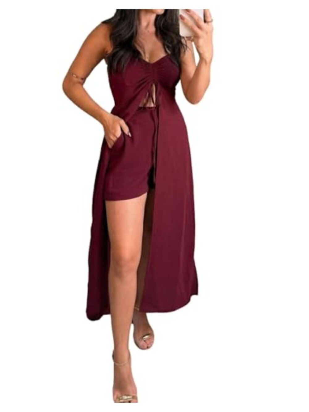 2 Piece Maxi Dress & Shorts Set V Neck Sleeveless Summer Beach Vacation Outfit